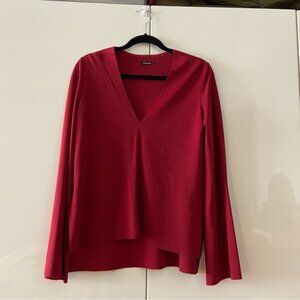Deep V-Neck Red Blouse with Bell Sleeves